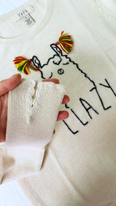 white alpaca wool sweater hand embroidered with llama motif  and llazy 